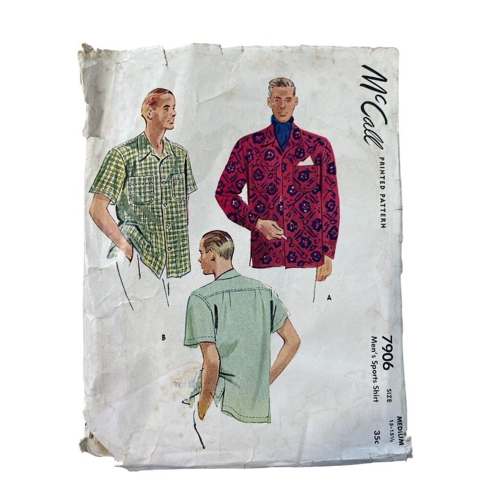 Vintage McCall 7906 Sewing Pattern Size Medium 15-15.5 Mens Sports Shirt CUT